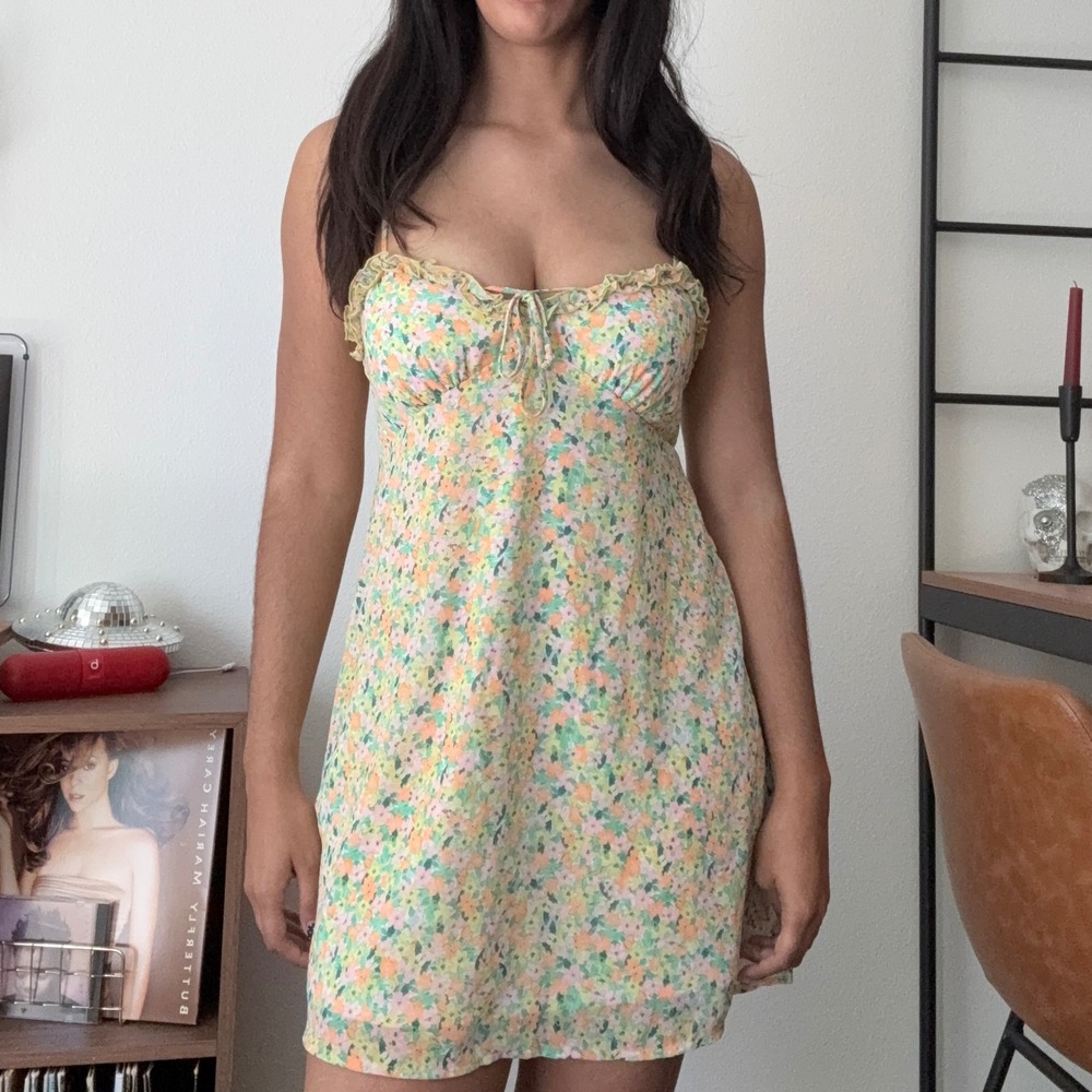 Wild Fable Floral Mini Dress Green Orange Pink Ruffle Smocked Back Womens Size M - Picture 2 of 8
